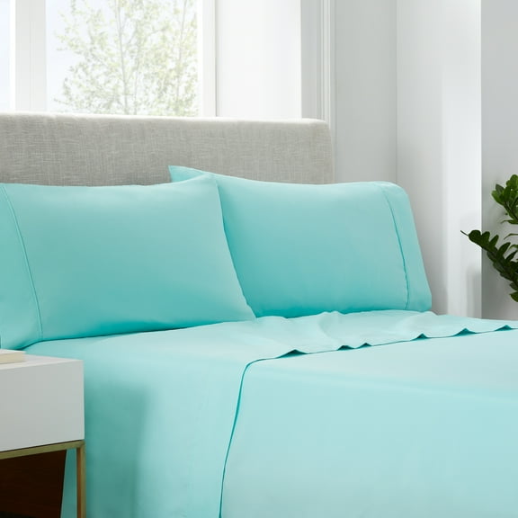 Serta Simply Clean 4-Piece Antimicrobial Solid Bed Sheet Set, Queen, Turquoise Blue
