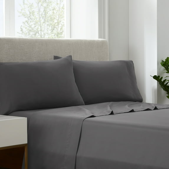 Serta Simply Clean 4-Piece Gray Solid Bed Sheet Set, Queen