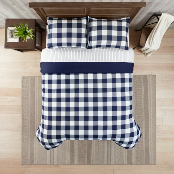 Serta Simply Clean Alex Blue/White Buffalo Check Plaid Antimicrobial Comforter Set, King (3-Piece)