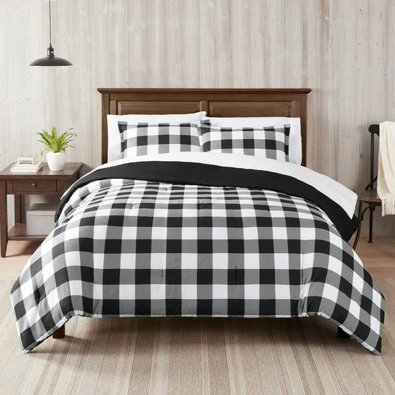 Serta Simply Clean Alex Black Buffalo Check Plaid 7-Piece Bedding Set, Full