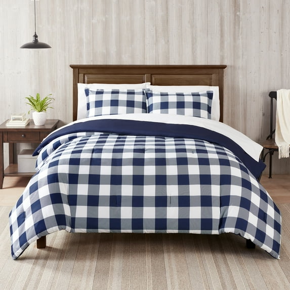 Serta Simply Clean Alex Navy Buffalo Check Plaid 7-Piece Bedding Set, King