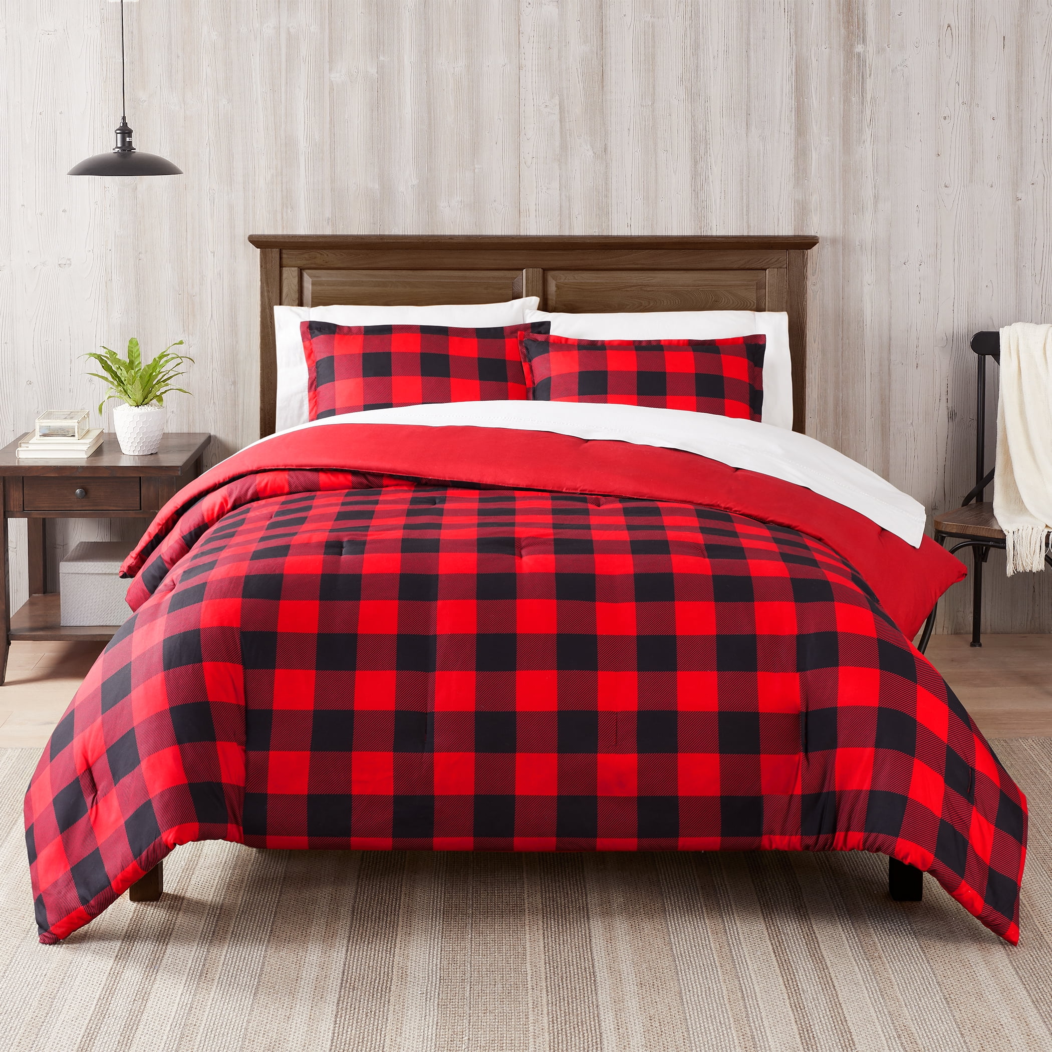 Serta Simply Clean Alex Red Buffalo Check Plaid 7-Piece Bedding Set, Queen