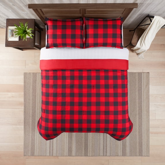 Serta Simply Clean Alex Red & Black Buffalo Check Plaid Antimicrobial Comforter Set Full/Queen (3-Piece)