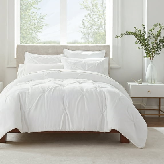 Serta Simply Clean Antimicrobial 3-Piece White Solid Pleated Comforter Set, Full/Queen