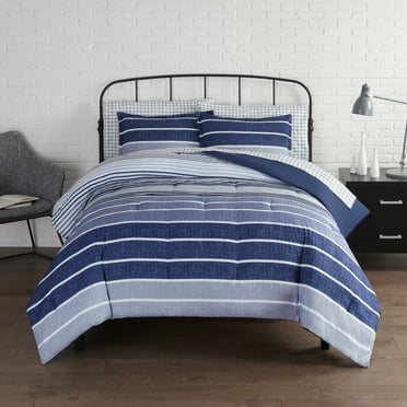 Serta Simply Clean 7-Piece Conrad Blue Variegated Stripe Antimicrobial Bed in a Bag, Full