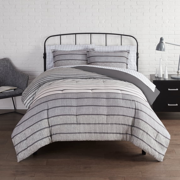 Serta Simply Clean Conrad Dark Gray Variegated Stripe Antimicrobial Bed in a Bag, Queen (7-Piece)