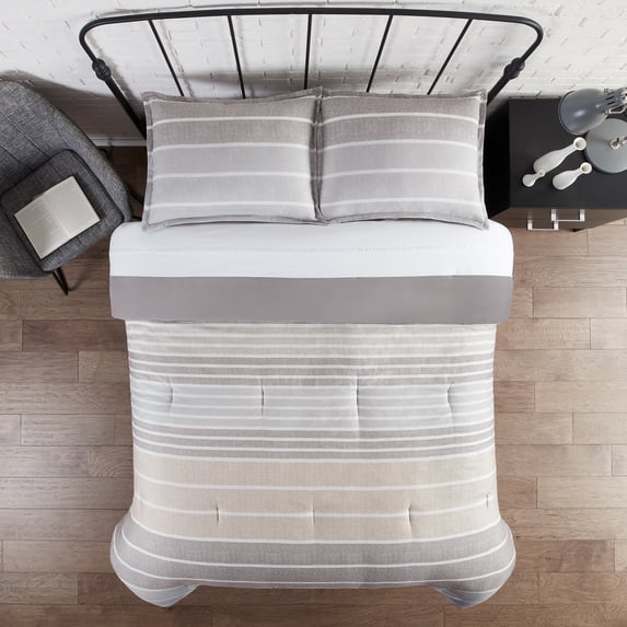 Serta Simply Clean Conrad Light Grey Variegated Stripe Antimicrobial Comforter Set, Full/Queen (3-Piece)