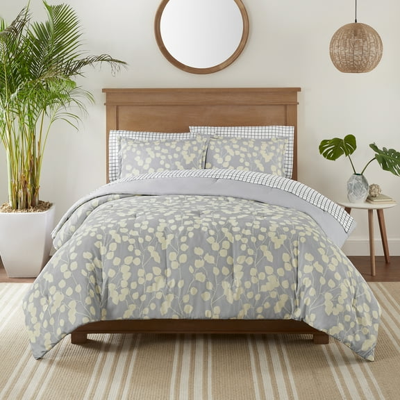 Serta Simply Clean Ellen Grey & Yellow Botanical Leaf 7-Piece Bedding Set, King