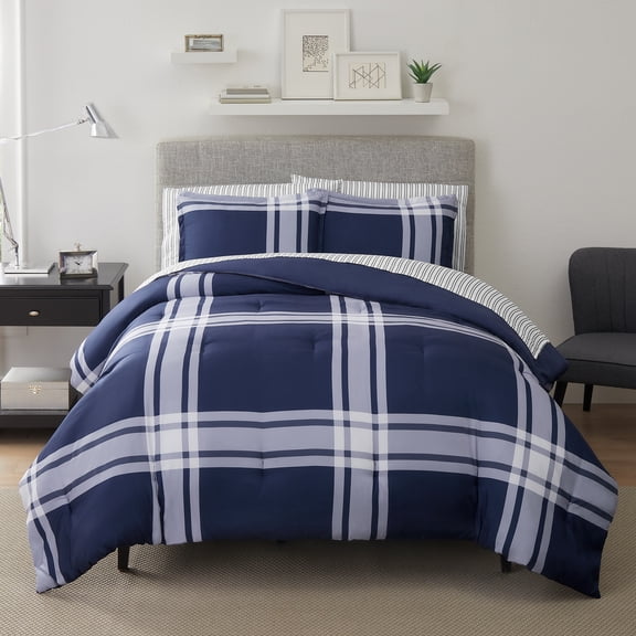 Serta Simply Clean Jax Navy Plaid 7-Piece Complete Bedding Set, King