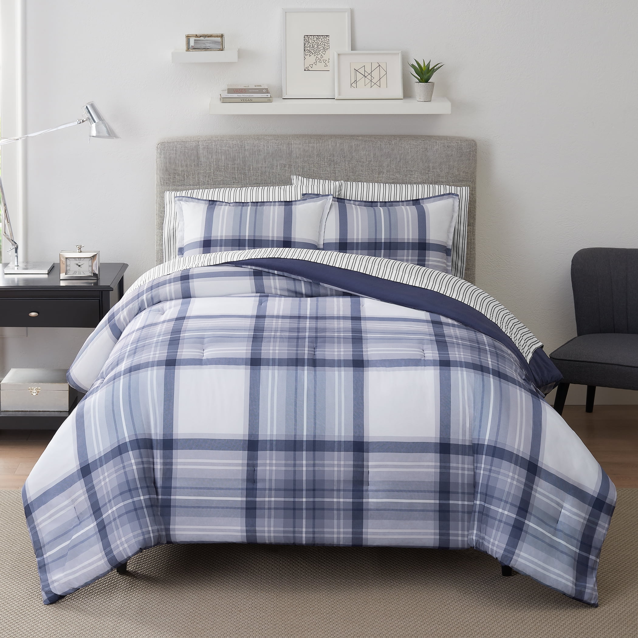 Serta Simply Clean Scott Blue Plaid 7-Piece Bedding Set, Full