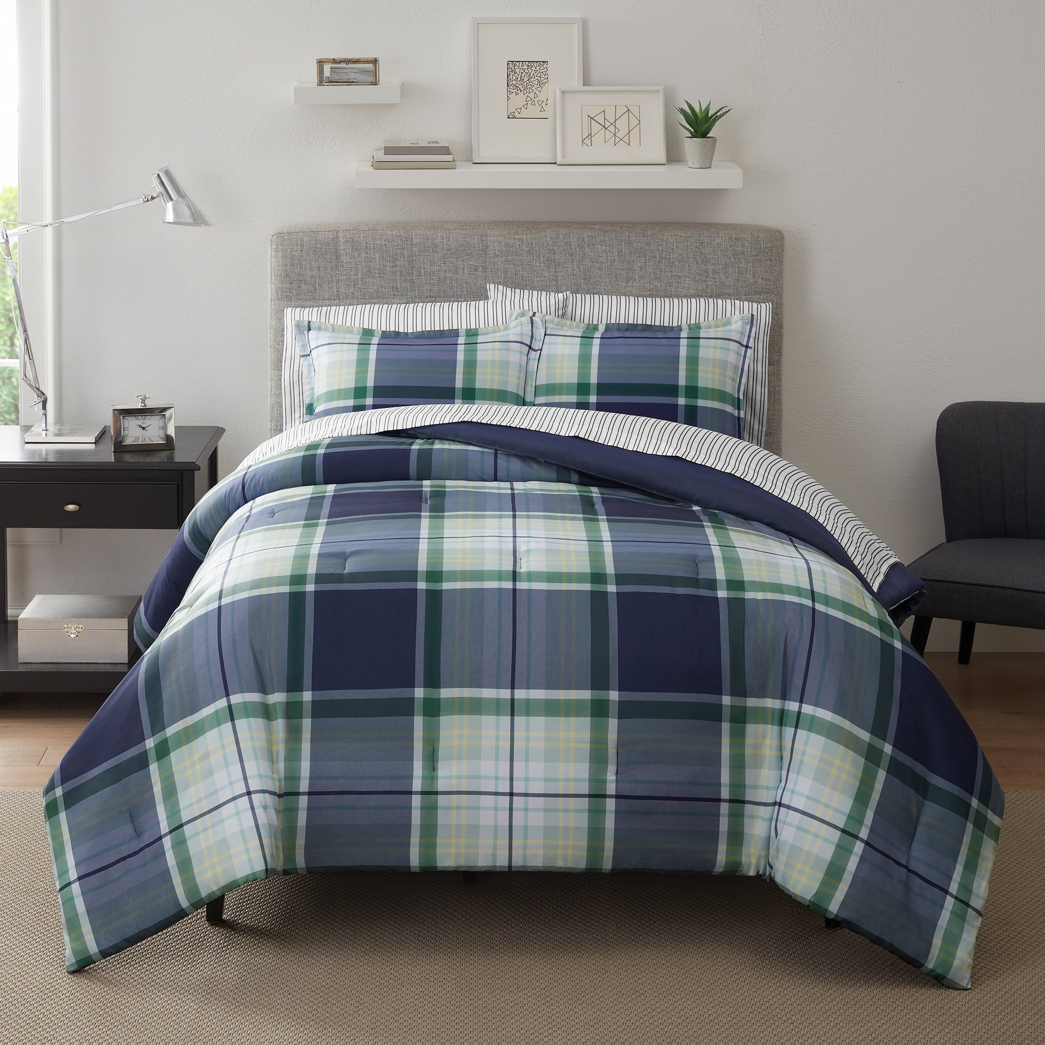 Queen Green and Blue Microfiber Plaid 7-Piece Bedding Set