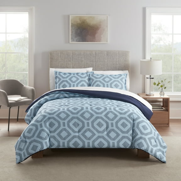 Serta Simply Clean Skyler Blue Textured Geometric 5-Piece Bedding Set, Twin XL