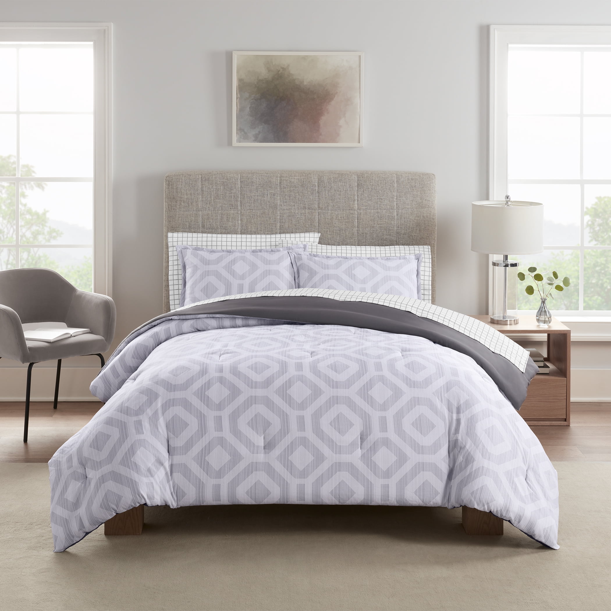 Serta Simply Clean Skyler Grey Textured Geometric 5-Piece Bedding Set, Twin XL