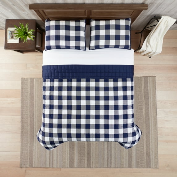 Serta Simply Comfort Alex Navy/White Buffalo Check Plaid Printed Quilt Set, King (3-Piece)