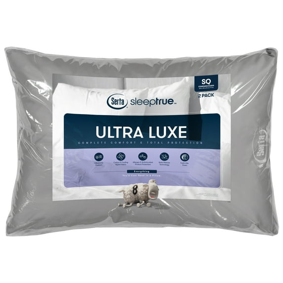 Serta Sleep True Ultra Luxe Soft/Medium Firm Pillow, Standard/Queen, Gray, 2 Pack, Cotton Blend