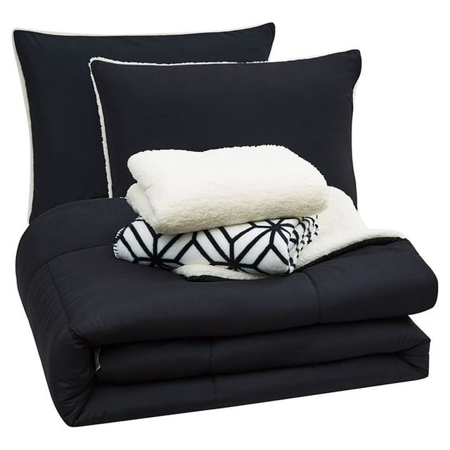 Serta So Cozy 4-Piece Sherpa Reverse Comforter Set, Black, Twin