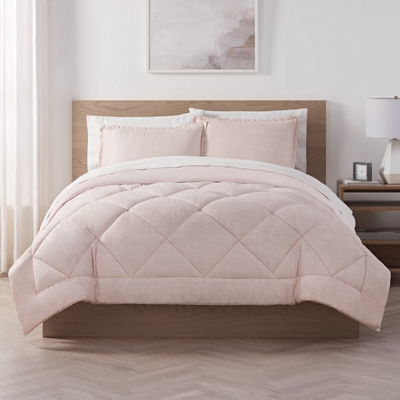 Serta Supersoft Cooling Bed Set, 7 Piece Reversible Bedding Comforter and Solid Sheet Set, King, Sepia Rose