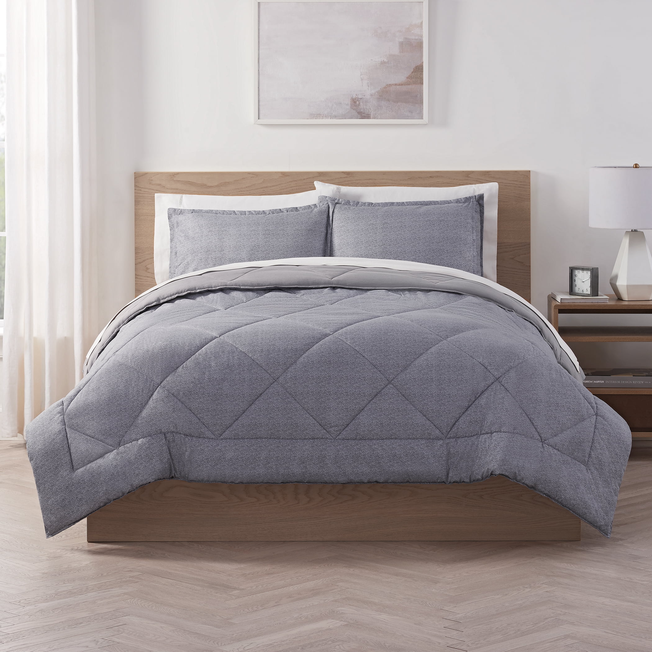 Serta Supersoft Dark Gray Solid Reverse to Print Comforter Set, Full/Queen (3-Pieces)