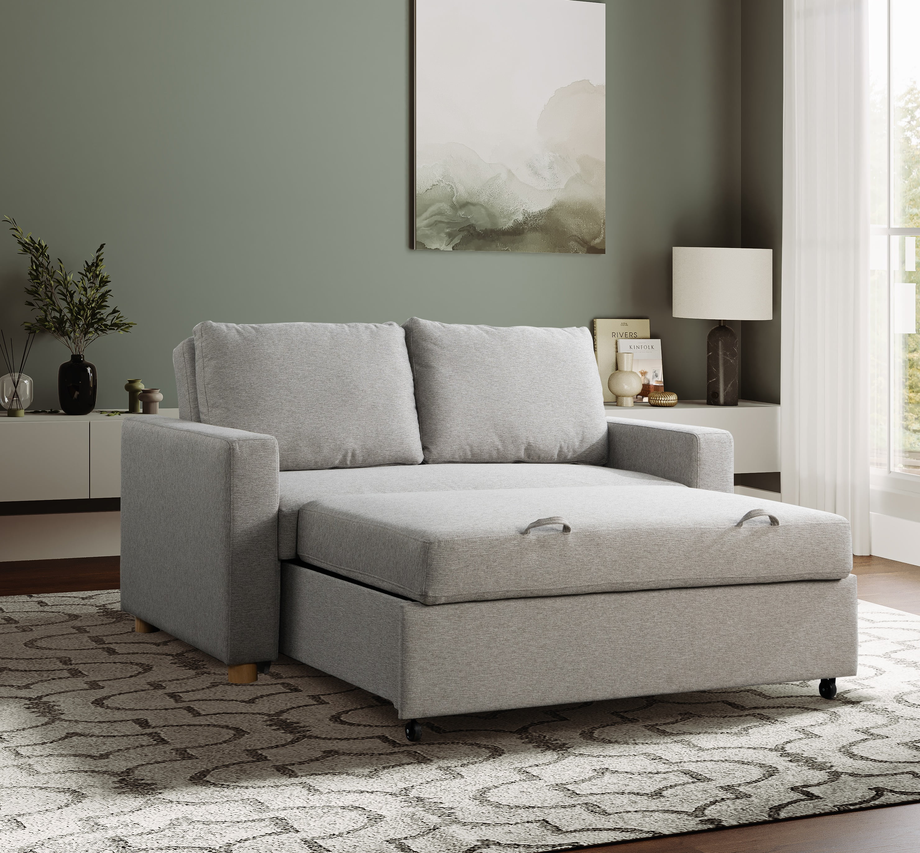 Light Gray Fabric Convertible Sleeper Sofa with Wooden Legs