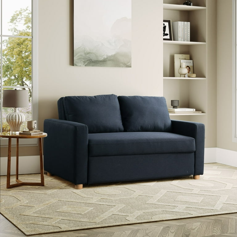 Serta Tennyson Scandinavian Convertible Loveseat with Full Size Sleeper Navy Blue Woven Fabric