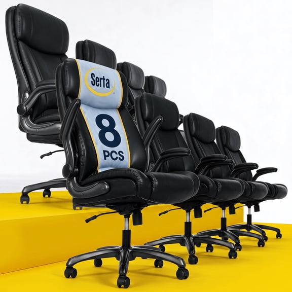 Serta Torrington Ergonomic Big and Tall Office Leather Chair with Lumbar Support and Flip Up Arms, Black, 8 Pack