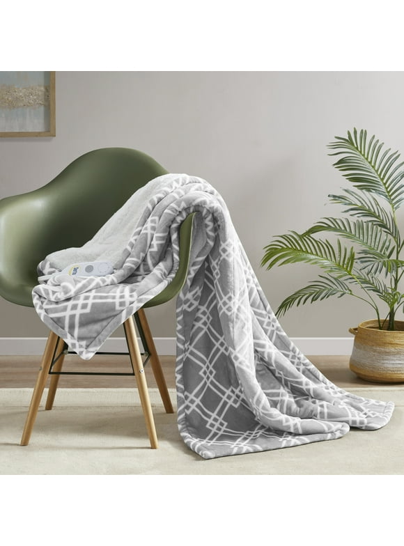 Serta Ultra Soft Plush Electric Throw Heated Blanket Bedding Neutral Gray Geo 50"x 60"