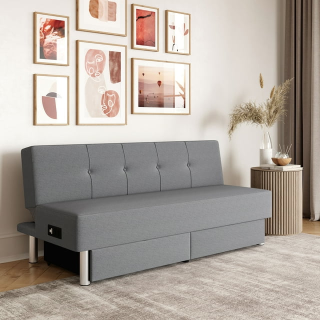Serta Windsor Futon with Storage and Power, Light Gray Fabric