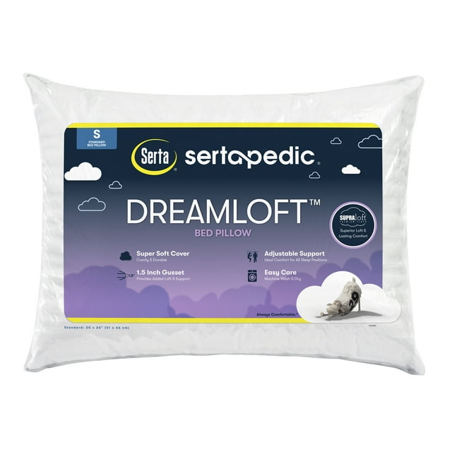 SertaPedic Dreamloft Bed Pillow, Polyester Fill, All Ages, Standard Size (20"x26")