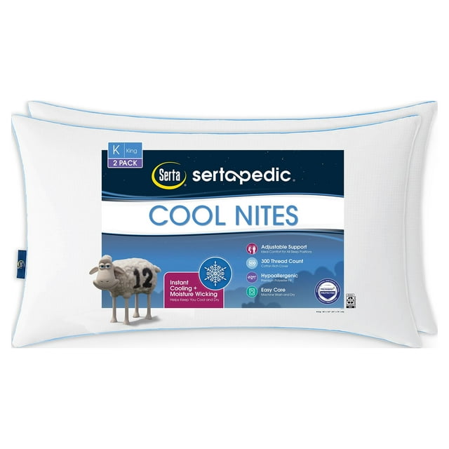 Sertapedic Cool Nites Bed Pillow, King, 2 Pack (Old Version)