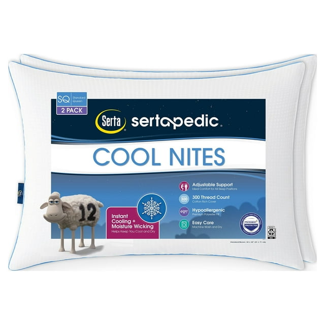 Sertapedic Cool Nites Bed Pillow, Standard/Queen, 2 Pack (Old Version