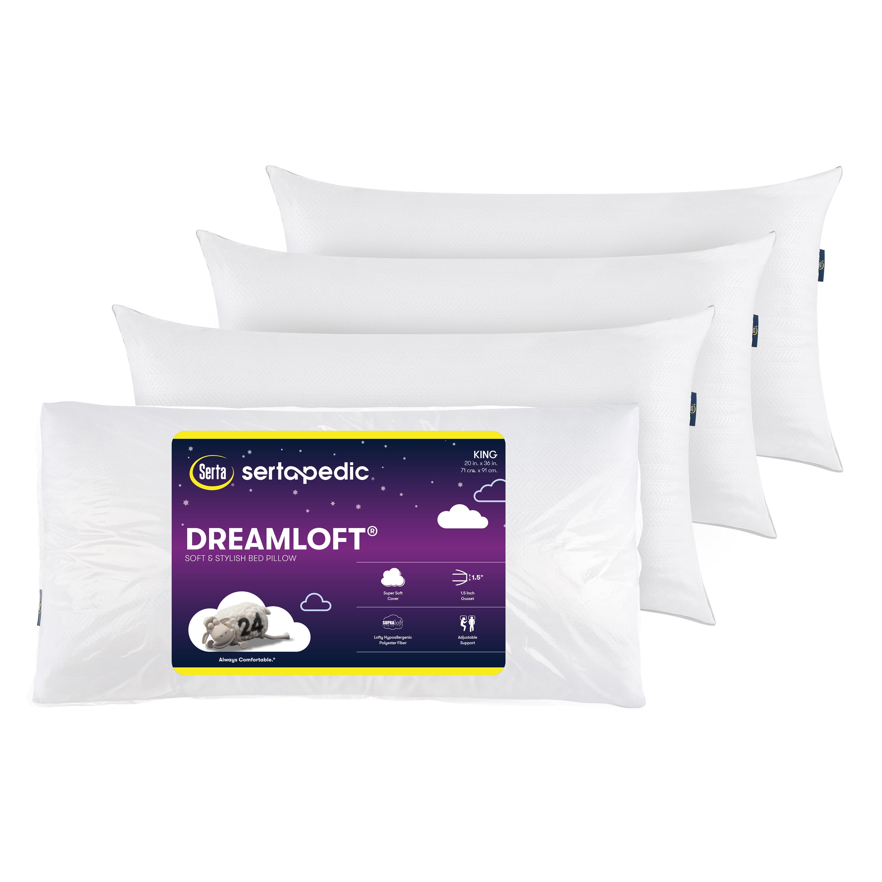 Sertapedic Dreamloft Bed Pillow, King (20"x36") 4 Pack