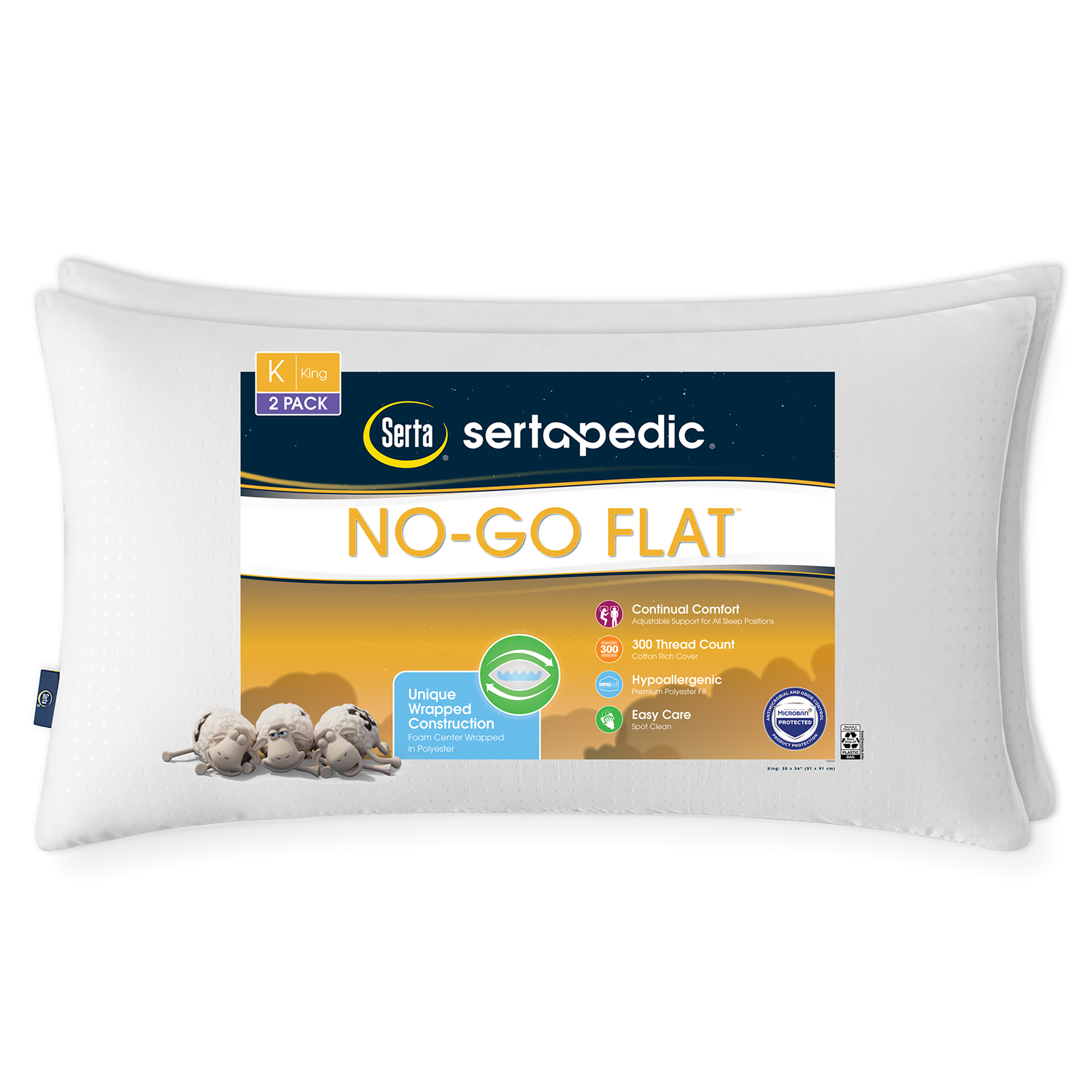Sertapedic NoGo Flat Bed Pillow, King, 2 Pack (Old Version)