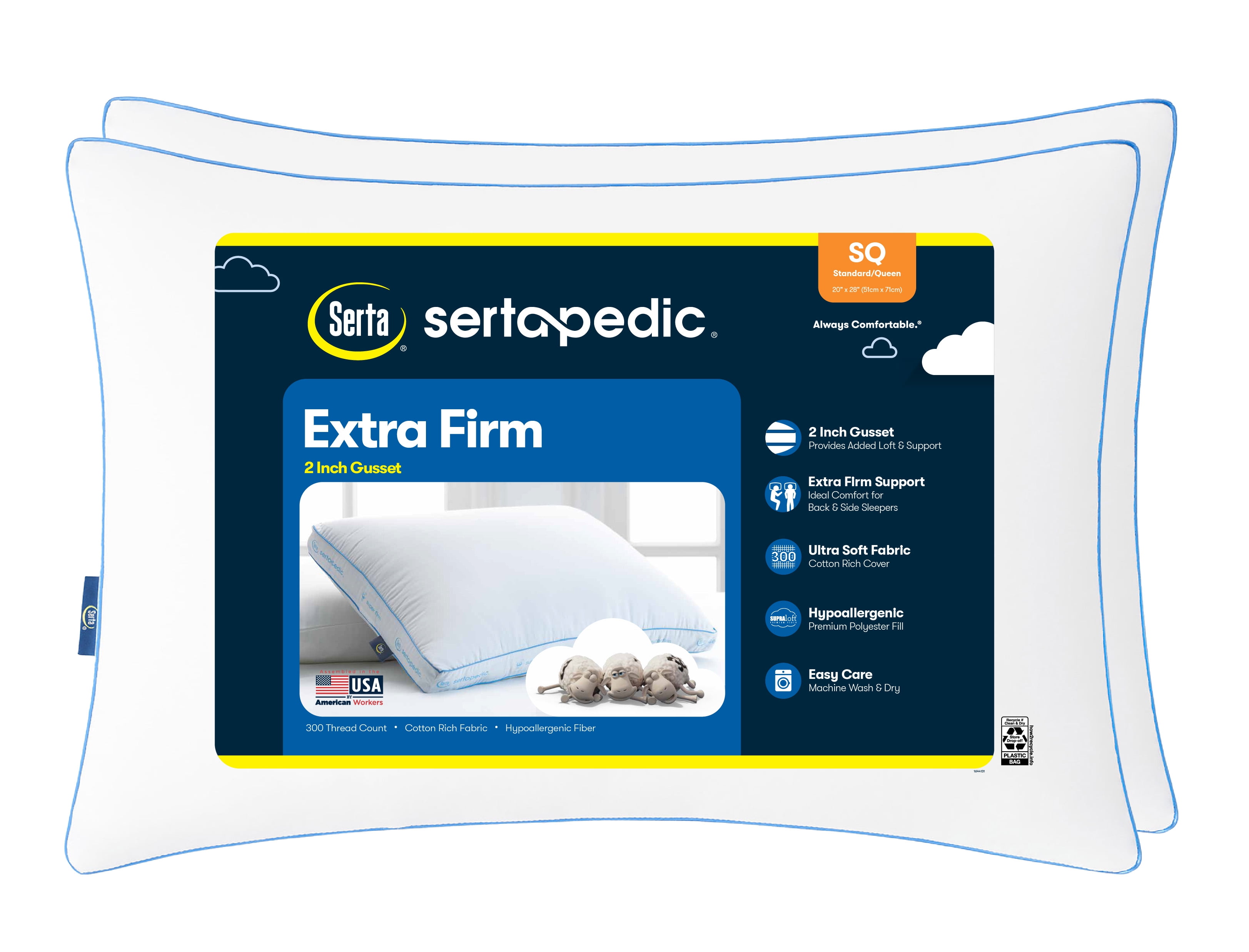 Sertapedic Extra Firm Pillow, Standard/Queen, 2 Pack, Hypoallergenic