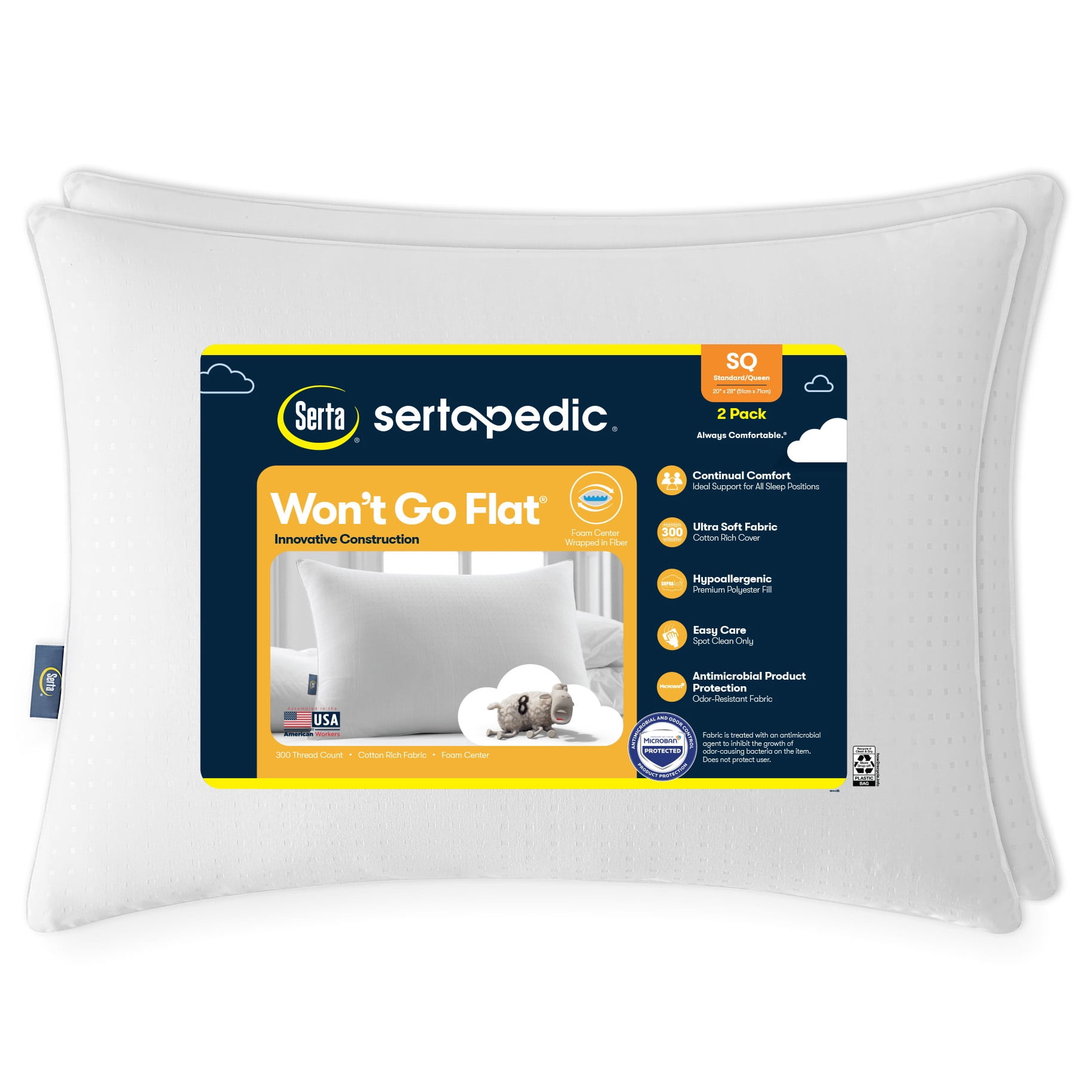 Sertapedic Won't Go Flat Bed Pillow, Standard/Queen, 2 Pack