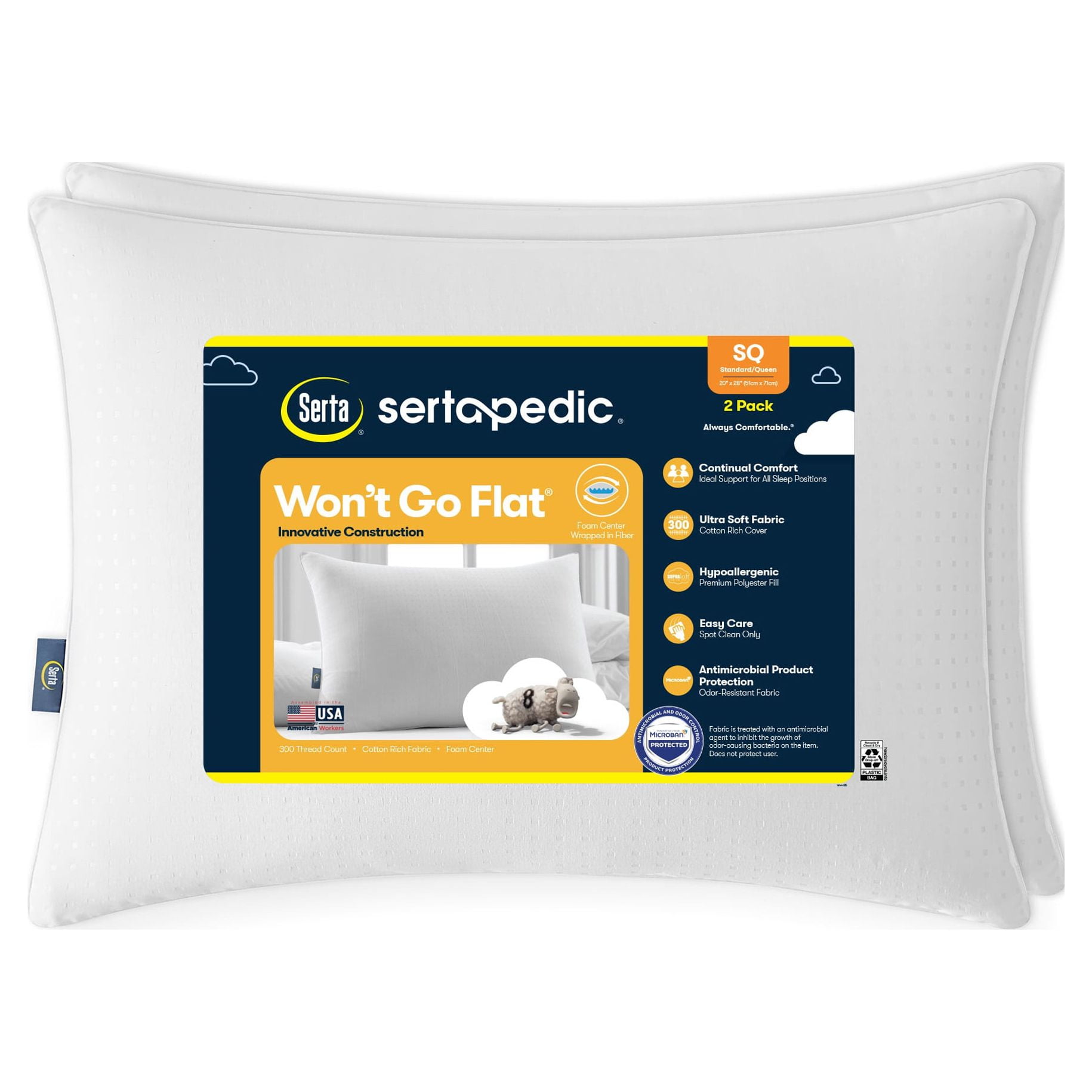 SertaPedic Won't Go Flat Pillow, Standard/Queen, White