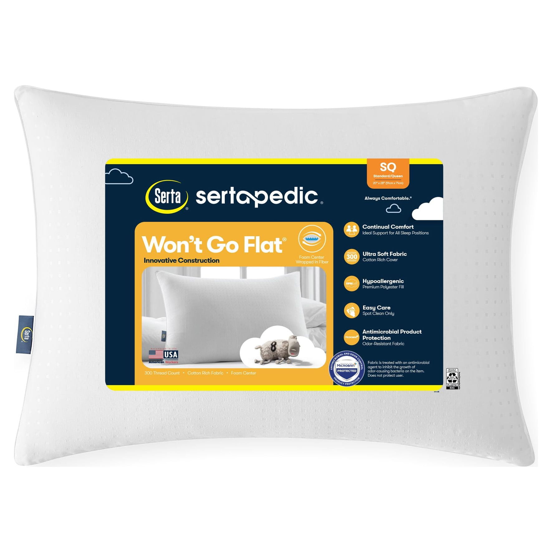 Sertapedic Won't Go Flat Bed Pillow, Standard/Queen 