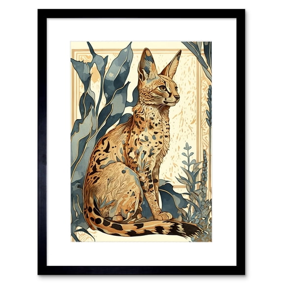 Serval Cat with Teal Plants Watercolour Portrait Modern Illustration Artwork Framed Wall Art Print 9X7 Inch