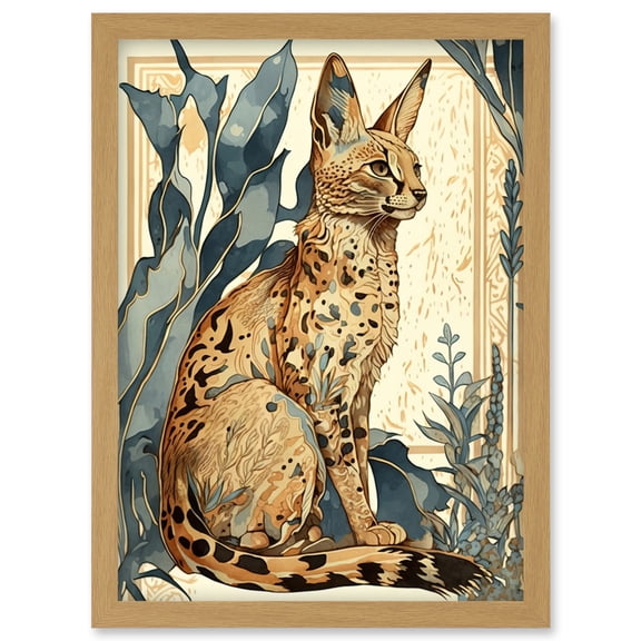 Serval Cat with Teal Plants Watercolour Portrait Modern Illustration Artwork Framed Wall Art Print A4