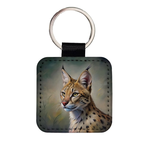Serval Wild Cat Illustration Faux Leather Square Keychain