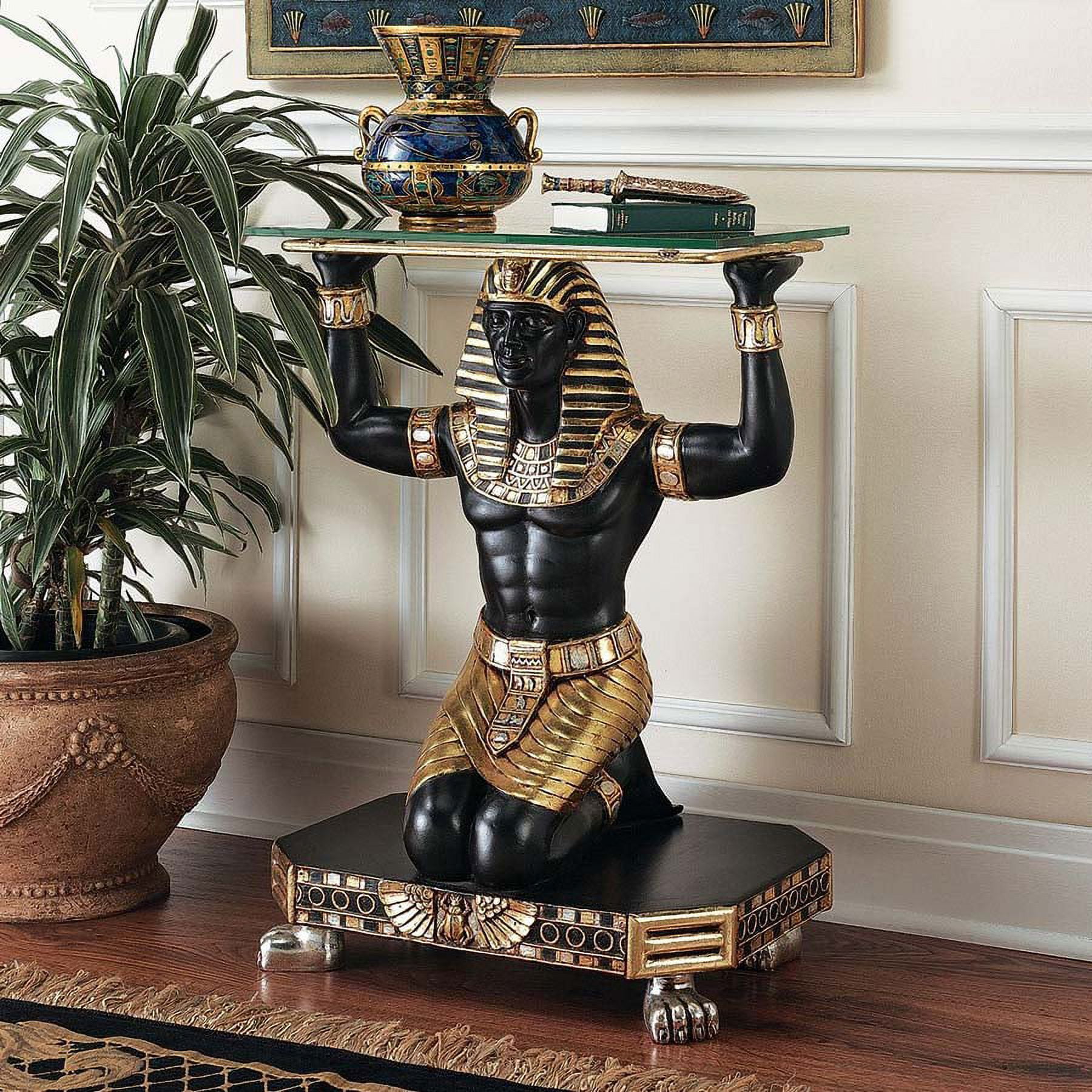 Egyptian Pharaoh Black and Gold Glass Console Table