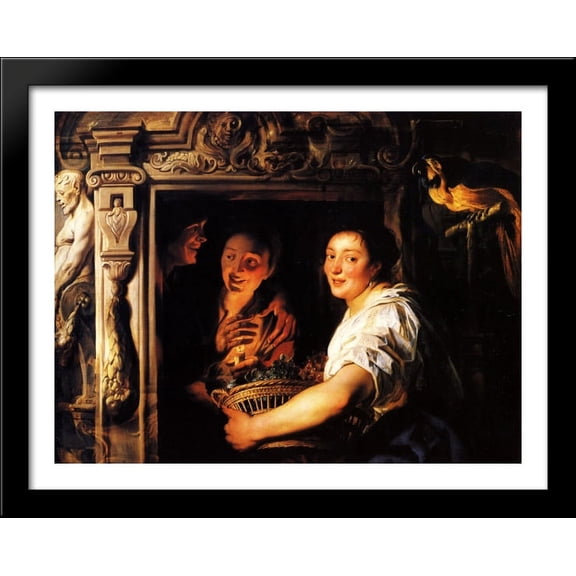 Servant with a fruit basket and a pair of lovers 36x28 Large Black Wood Framed Print Art by Jacob Jordaens