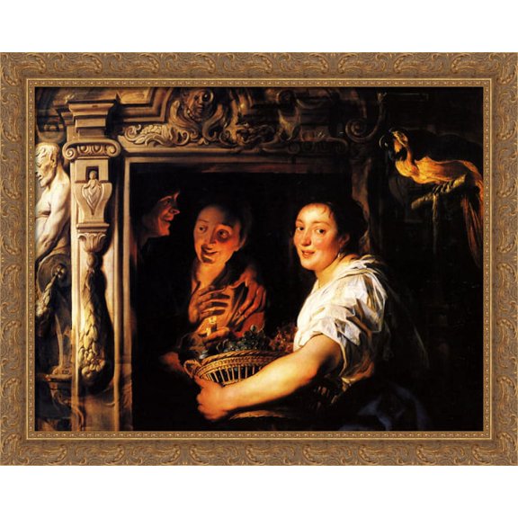 Servant with a fruit basket and a pair of lovers 36x28 Large Gold Ornate Wood Framed Canvas Art by Jacob Jordaens