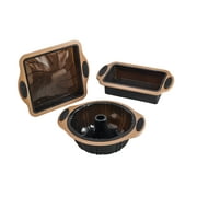 Servappetit 3 Piece Copper Silicone Baking Set, Non-Stick, 1 Loaf Pan, 1 Bunt Cake Pan, 1 Cake Pan, Copper Handles, Black