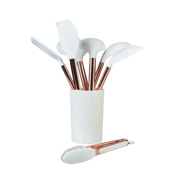 Servappetit Ceramic Rose 8PC Utensil Set w/Crock, Copper & Nylon, White & Rose Color C48