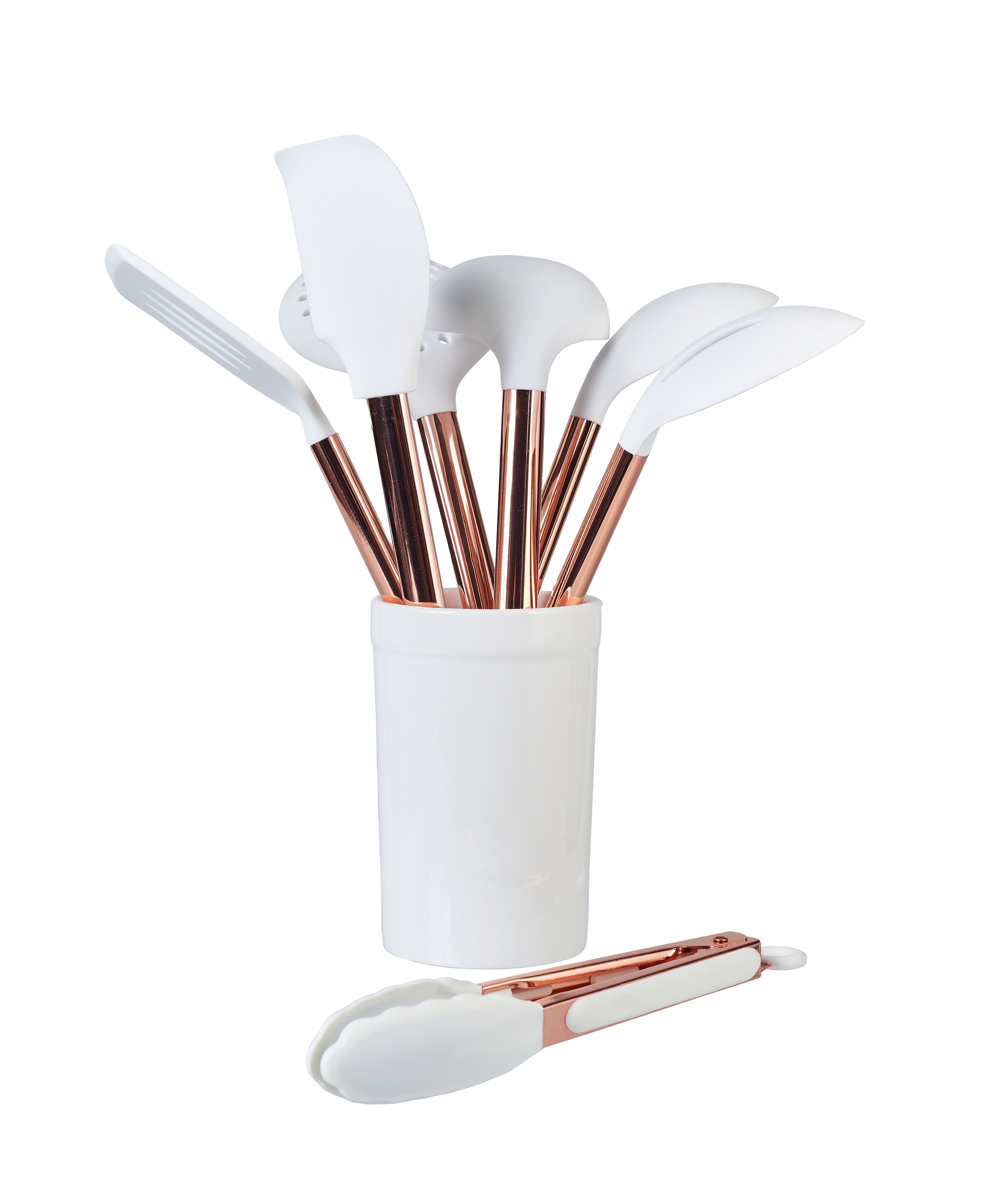 Drew Barrymore Kitchen Utensil 5 Piece Set with Silicone Tools and Crock,  White Wood utensil set Spatula for cooking white Oil s