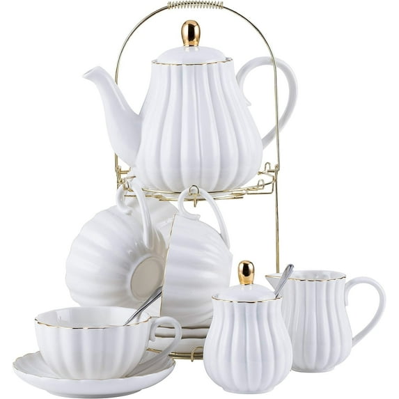 Serve for 4- Fine China Pink Coffee Cup/Teacup Set, 8 OZ Cups& Saucer, with Teapot-Sugar Bowl-Cream Pitcher Teaspoons and tea strainer for Tea/Coffee