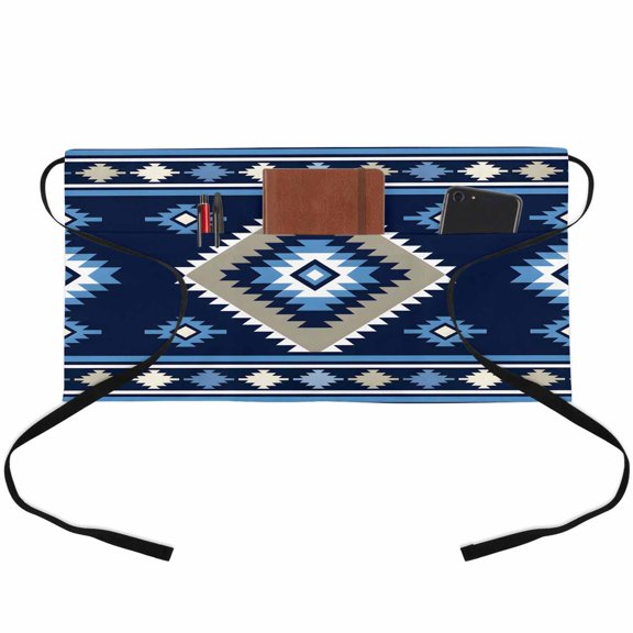 Server Apron with 3 Pockets Blue Tribal Geometric Waitress Waiter Short Waist Aprons Waterproof Short Aprons for Women Men Servers Work Cafe Hotel Kitchen Gifts 24"x13" Boho Vintage Native Abstract