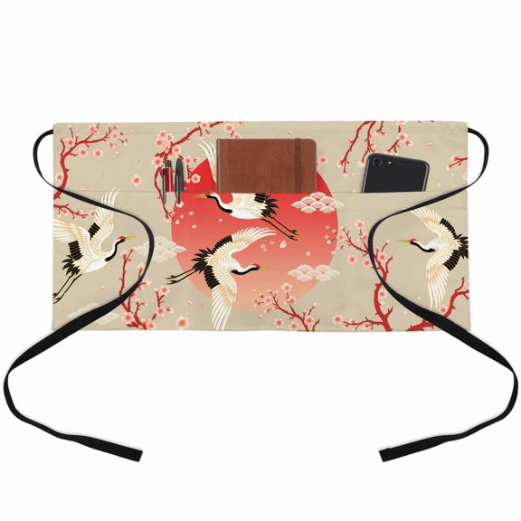 Server Apron with 3 Pockets Cherry Blossom Crane Waitress Waiter Short Waist Aprons Waterproof Short Aprons for Women Men Servers Work Cafe Hotel Chef Kitchen BBQ Gifts 24"x13" Japanese Style Cloud