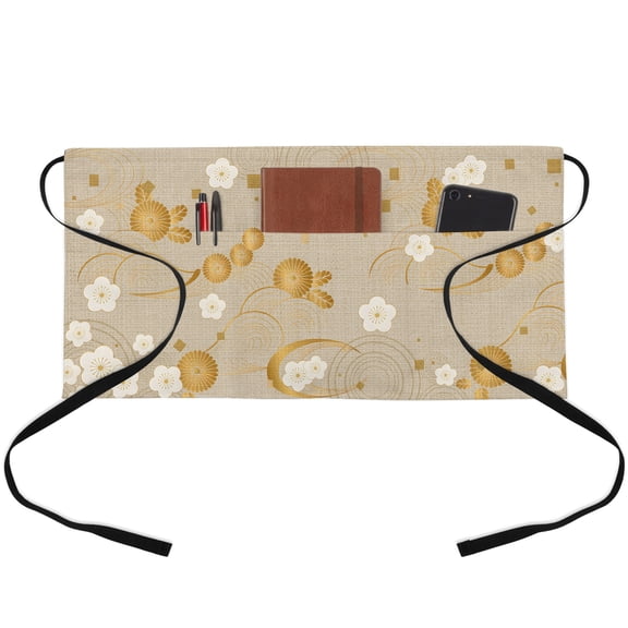 Server Apron with 3 Pockets Cherry Blossoms Waitress Waiter Short Waist Aprons Waterproof Short Aprons for Women Men Servers Work Cafe Hotel Kitchen Gifts 24"x13" Japanese Style Gold Floral Beige