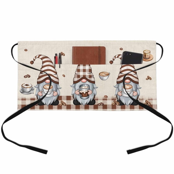 Server Apron with 3 Pockets Coffee Cup Gnome Waitress Waiter Short Waist Aprons Waterproof Short Aprons for Women Men Servers Work Cafe Hotel Chef Kitchen BBQ Gifts 24"x13" Coffee Beans Brown Plaid